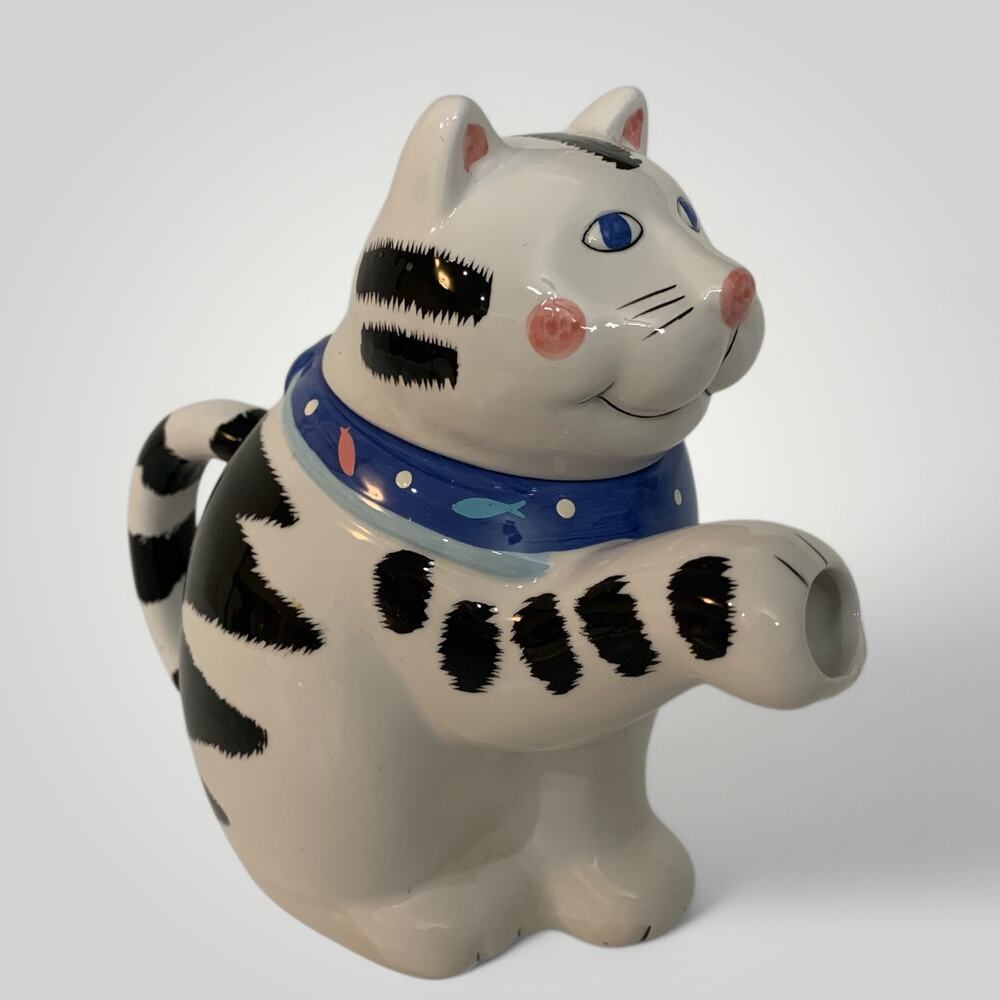 Coco Dowley 1990s Cat Teapot Vintage Black White Ceramic Cat Decor-Collectible